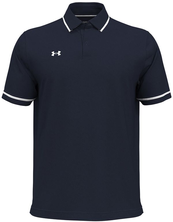 Am image of a Custom Under Armour Men's Tipped Teams Performance Polo in MID NVY/ WHT!