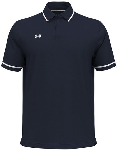 Am image of a Custom Under Armour Men's Tipped Teams Performance Polo in MID NVY/ WHT!
