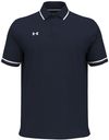 Am image of a Custom Under Armour Men's Tipped Teams Performance Polo in MID NVY/ WHT!