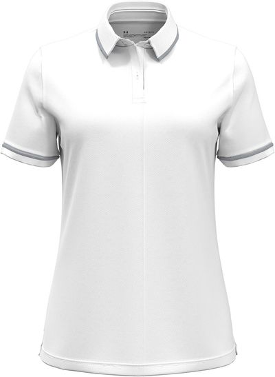 Am image of a Custom Under Armour Ladies' Tipped Teams Performance Polo in WHT/ MD GRY!