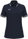 Am image of a Custom Under Armour Ladies' Tipped Teams Performance Polo in MID NVY/ WHT!