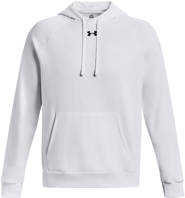 Am image of a Custom Under Armour Mens Rival Fleece Hooded Sweatshirt in White!