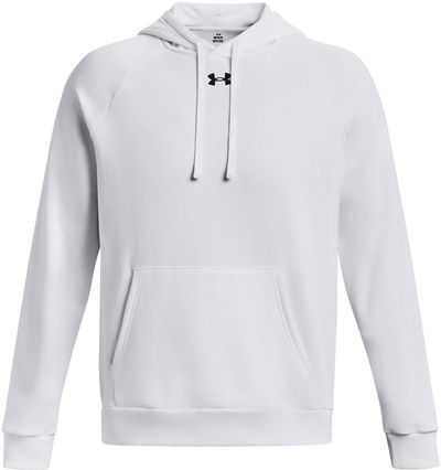 Am image of a Custom Under Armour Mens Rival Fleece Hooded Sweatshirt in White!