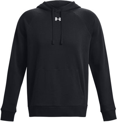 Am image of a Custom Under Armour Mens Rival Fleece Hooded Sweatshirt in Black!