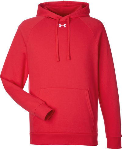 Am image of a Custom Under Armour Mens Rival Fleece Hooded Sweatshirt in Red!