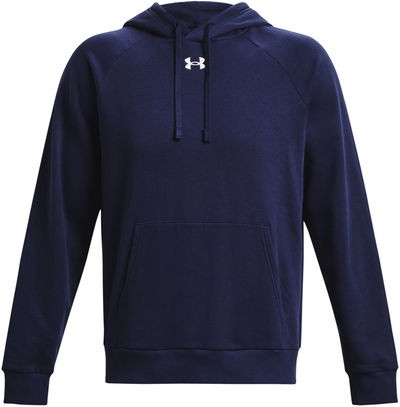 Am image of a Custom Under Armour Mens Rival Fleece Hooded Sweatshirt in Navy!