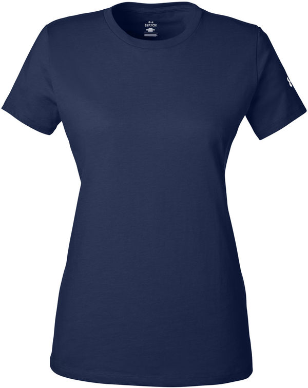 Am image of a Custom Under Armour Ladies Athletic Raglan T Shirt in Midnight Navy/White!