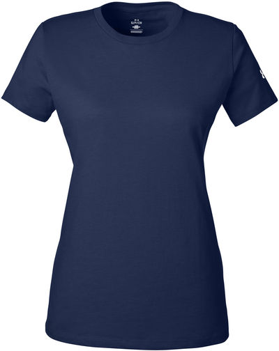 Am image of a Custom Under Armour Ladies Athletic Raglan T Shirt in Midnight Navy/White!