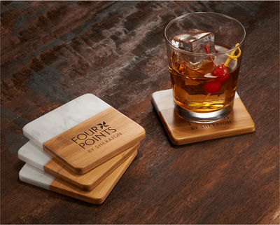 An image of a Custom Marble and Bamboo Coaster Set!