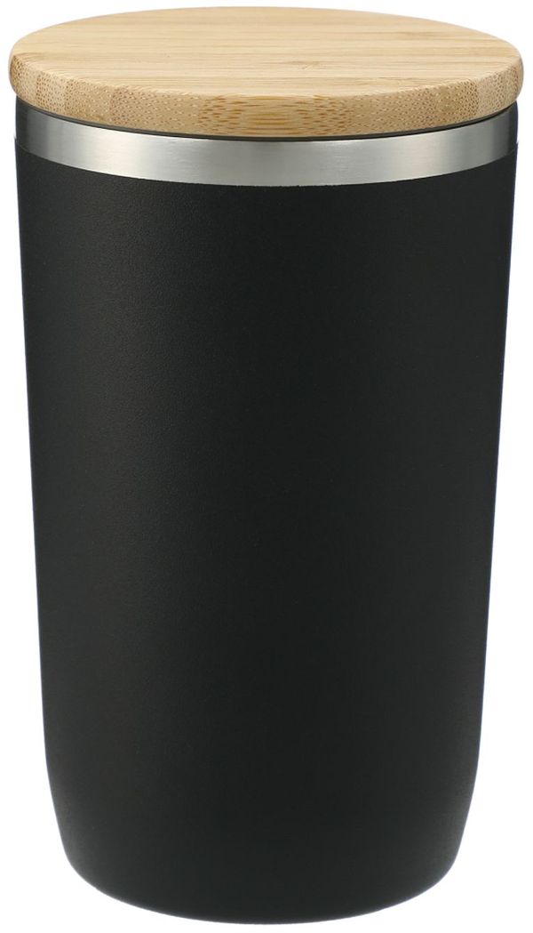 Am image of a Custom Brees Copper Vacuum Tumbler with Bamboo Lid in Black!