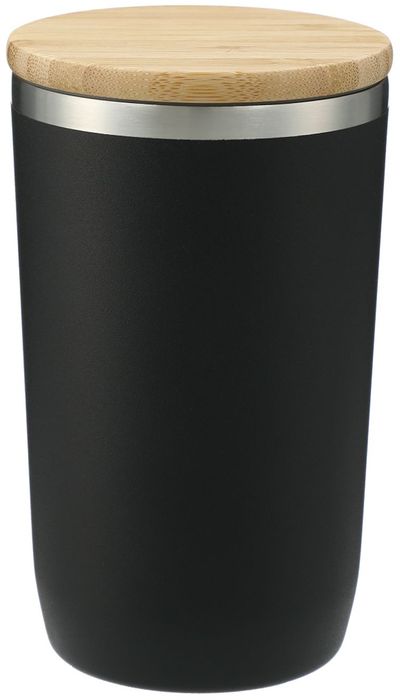 Am image of a Custom Brees Copper Vacuum Tumbler with Bamboo Lid in Black!