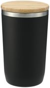 Am image of a Custom Brees Copper Vacuum Tumbler with Bamboo Lid in Black!