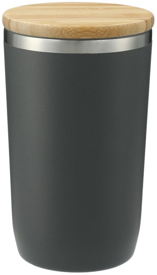 Am image of a Custom Brees Copper Vacuum Tumbler with Bamboo Lid in Gray!