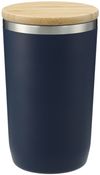 Am image of a Custom Brees Copper Vacuum Tumbler with Bamboo Lid in Navy!