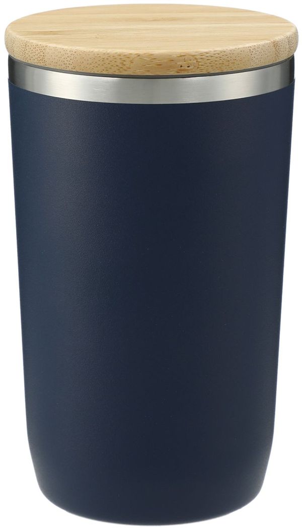 Am image of a Custom Brees Copper Vacuum Tumbler with Bamboo Lid in Navy!