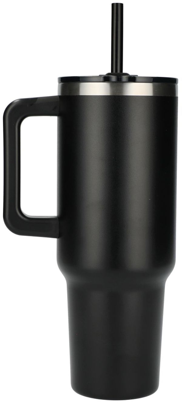 Am image of a Custom Pinnacle 40 oz Vacuum Insulated Eco Friendly Travel Tumbler With Straw in Black!