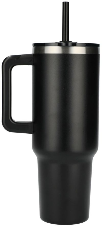 Am image of a Custom Pinnacle 40 oz Vacuum Insulated Eco Friendly Travel Tumbler With Straw in Black!