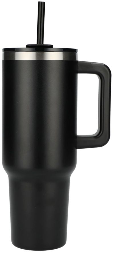 Am image of a Custom Pinnacle 40 oz Vacuum Insulated Eco Friendly Travel Tumbler With Straw in Black!