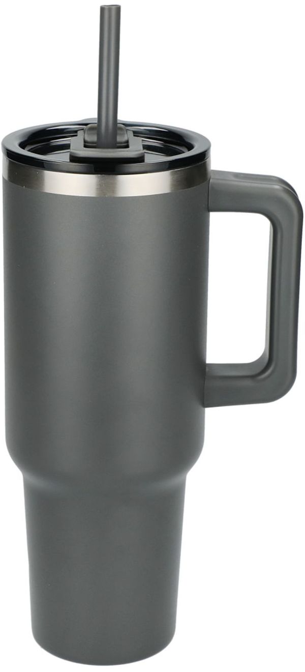 Am image of a Custom Pinnacle 40 oz Vacuum Insulated Eco Friendly Travel Tumbler With Straw in Grey!