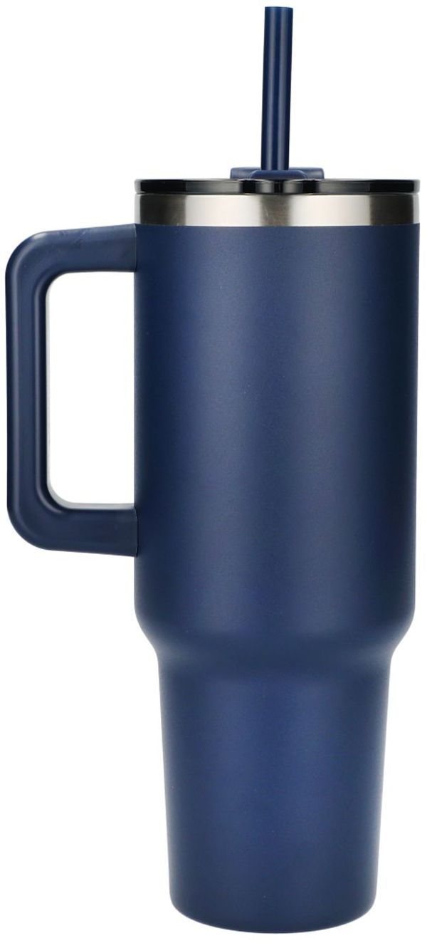 Am image of a Custom Pinnacle 40 oz Vacuum Insulated Eco Friendly Travel Tumbler With Straw in Navy!