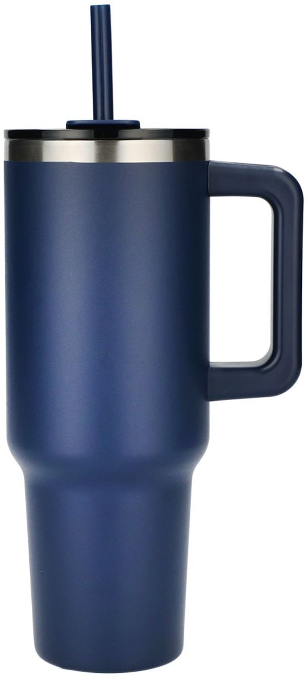 Am image of a Custom Pinnacle 40 oz Vacuum Insulated Eco Friendly Travel Tumbler With Straw in Navy!