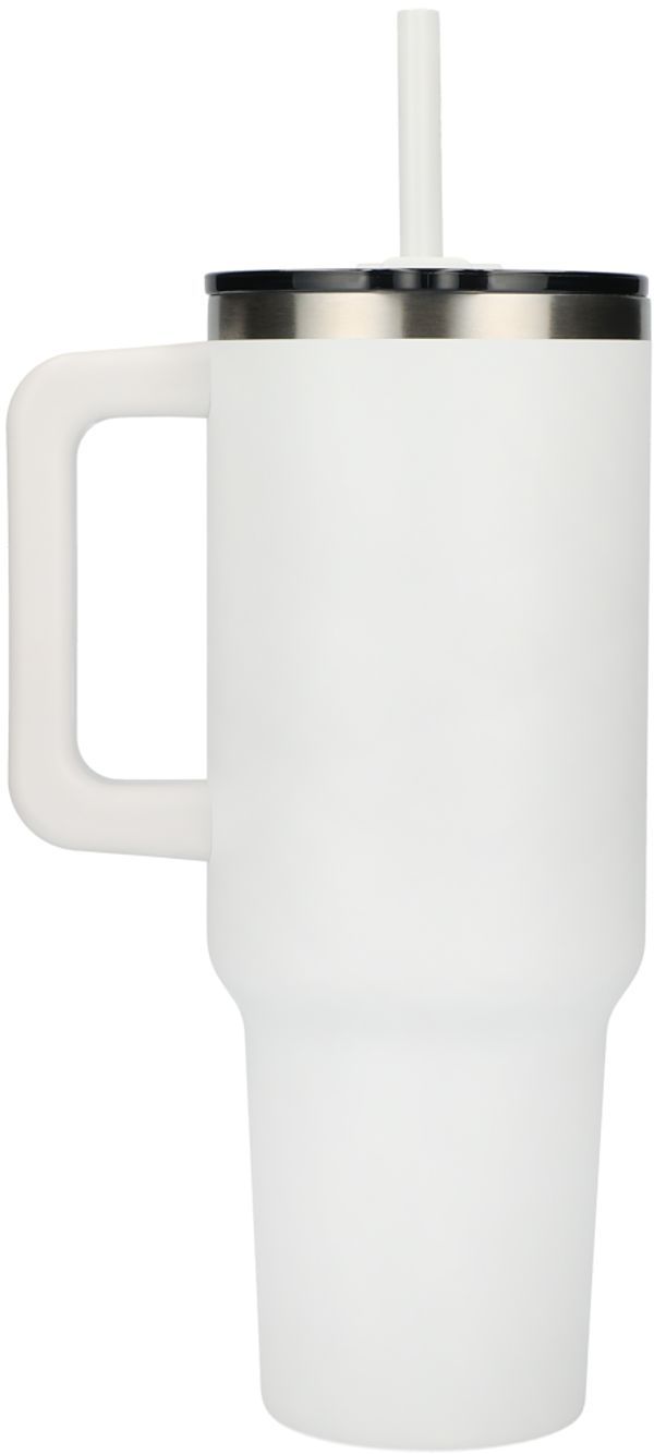Am image of a Custom Pinnacle 40 oz Vacuum Insulated Eco Friendly Travel Tumbler With Straw in White!