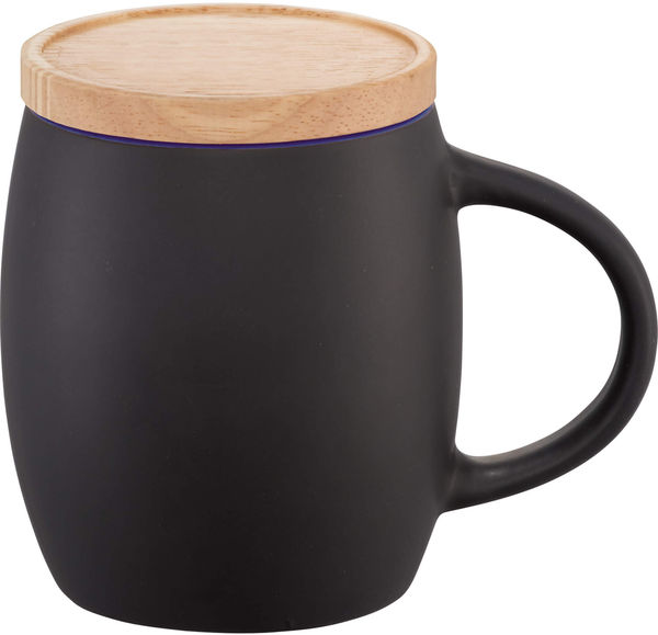 Am image of a Custom Hearth Ceramic Mug with Wood Lid Coaster 15oz in Black/Blue!