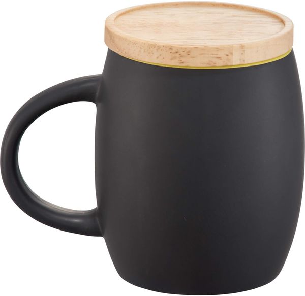 Am image of a Custom Hearth Ceramic Mug with Wood Lid Coaster 15oz in Black/Blue!