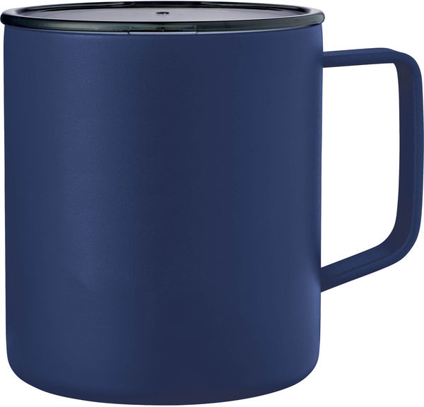 Am image of a Custom Rover Copper Vacuum Insulated Camp Mug 14oz in Navy!
