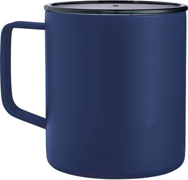 Am image of a Custom Rover Copper Vacuum Insulated Camp Mug 14oz in Navy!