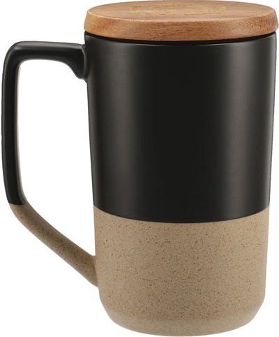 Am image of a Custom Tahoe Tea & Coffee Ceramic Mug with Wood Lid 16oz in Black!