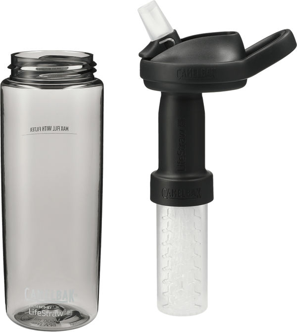 Am image of a Custom CamelBak Eddy 20oz with Tritan™ Renew LifeStraw in Charcoal!