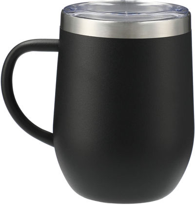 Am image of a Custom Brew Copper Vacuum Insulated Mug 12oz in Black!