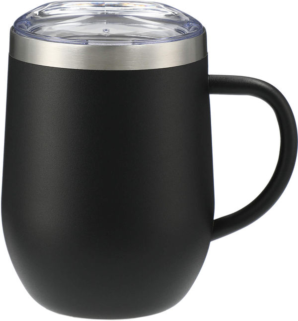 Am image of a Custom Brew Copper Vacuum Insulated Mug 12oz in Black!
