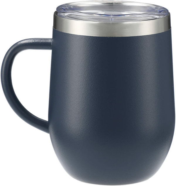 Am image of a Custom Brew Copper Vacuum Insulated Mug 12oz in Navy!