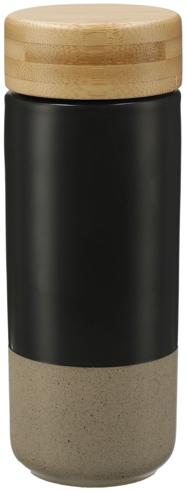 Am image of a Custom Arlo Ceramic Tumbler with Bamboo lid 11oz in Black!