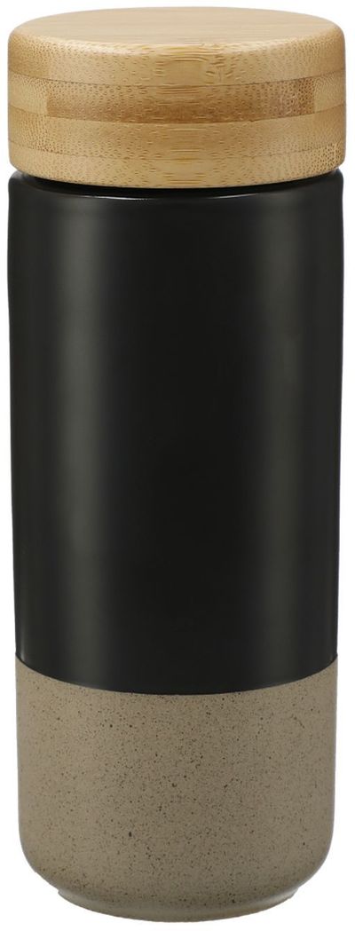 Am image of a Custom Arlo Ceramic Tumbler with Bamboo lid 11oz in Black!