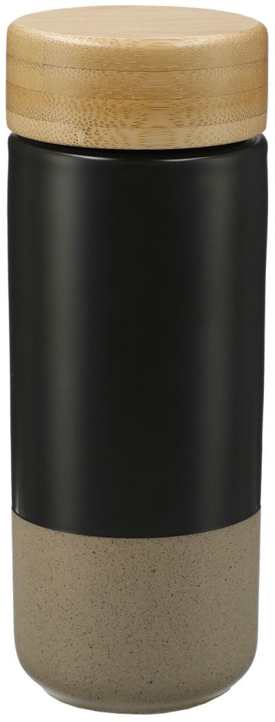 Am image of a Custom Arlo Ceramic Tumbler with Bamboo lid 11oz in Black!