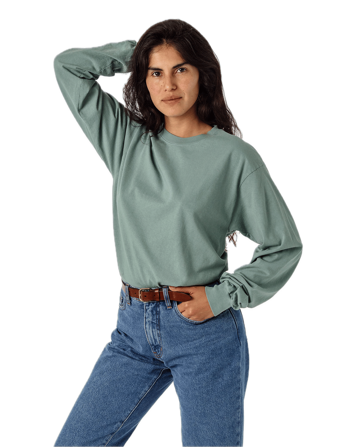 LA Apparel Long Sleeve Garment Dye Crewneck Shirt in Atlantic Green