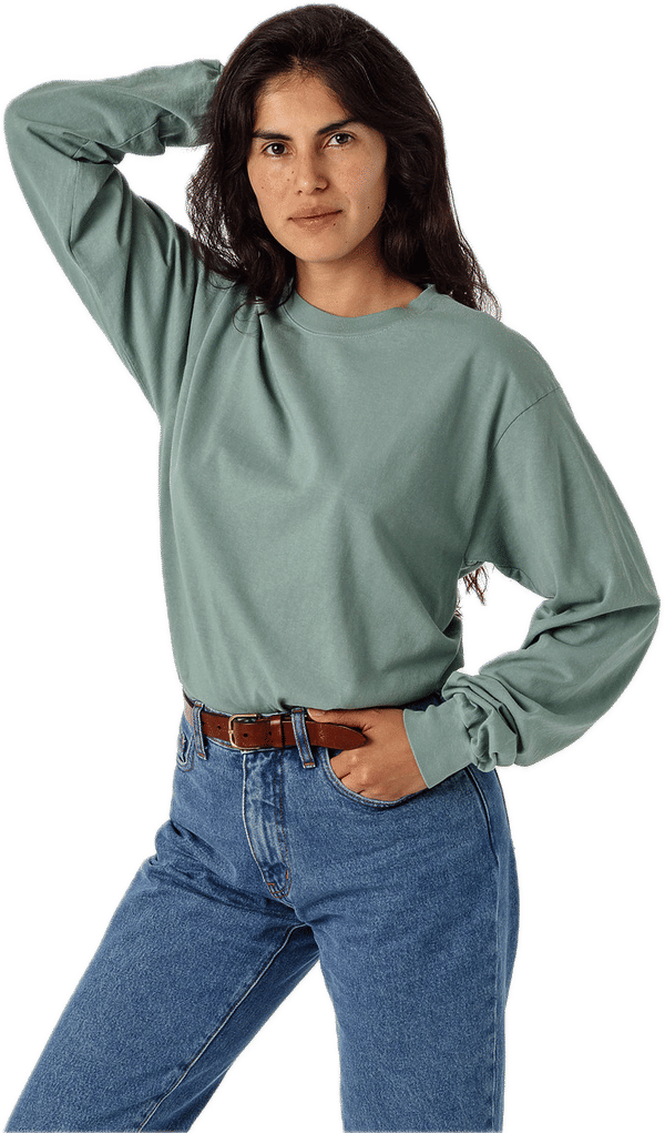 Am image of a Custom LA Apparel Long Sleeve Garment Dye Crewneck Shirt in Atlantic Green!