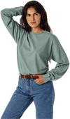 Am image of a Custom LA Apparel Long Sleeve Garment Dye Crewneck Shirt in Atlantic Green!