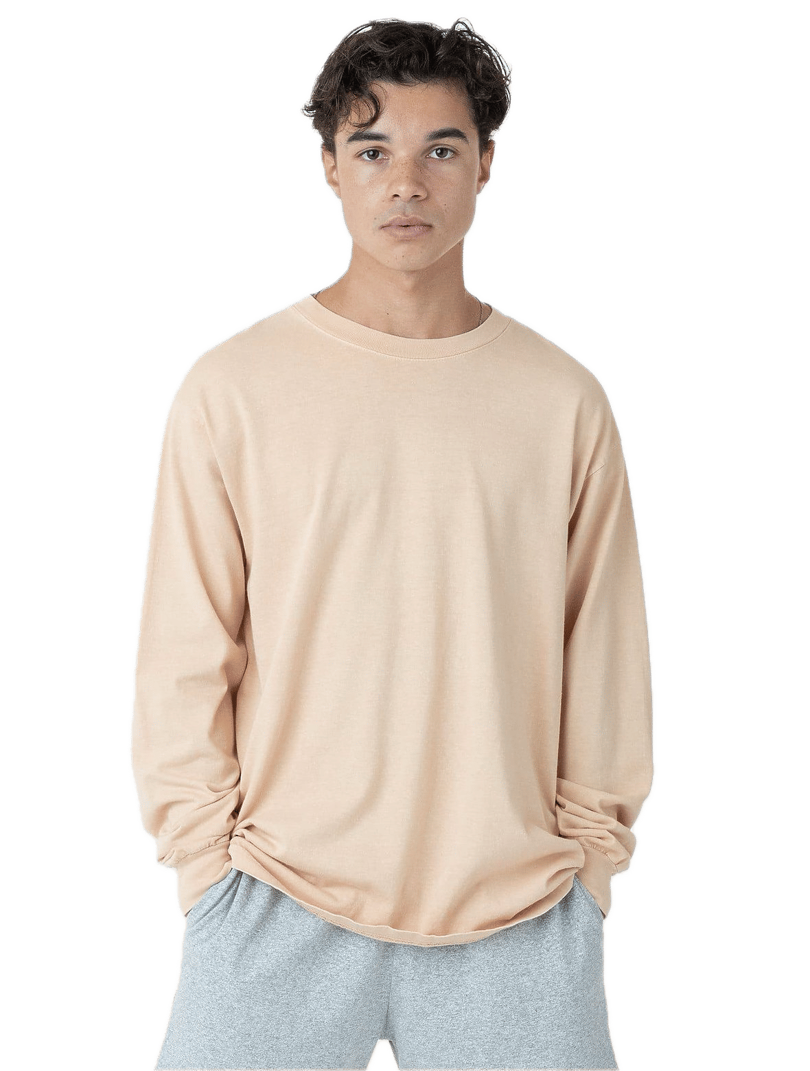 LA Apparel Long Sleeve Garment Dye Crewneck Shirt in Beige
