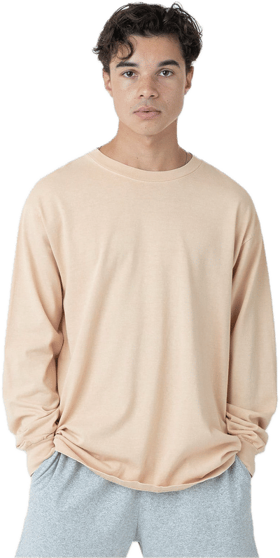 Am image of a Custom LA Apparel Long Sleeve Garment Dye Crewneck Shirt in Beige!
