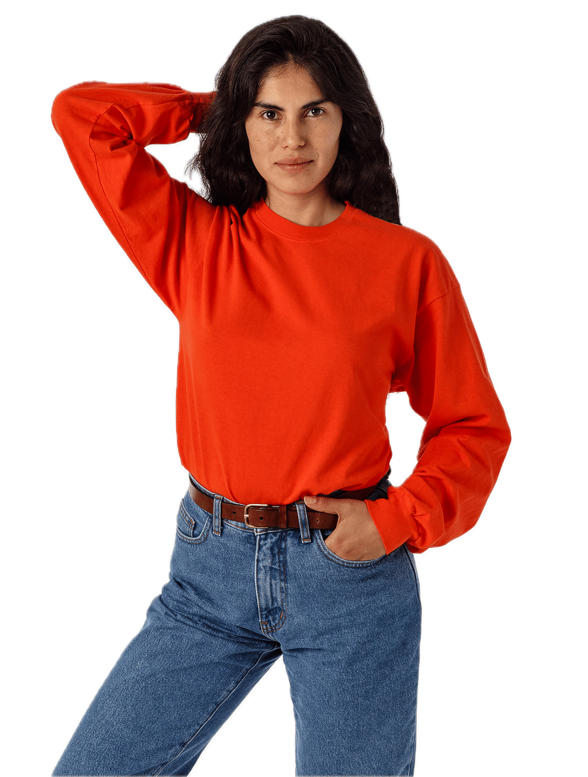 LA Apparel Long Sleeve Garment Dye Crewneck Shirt in Bright Orange