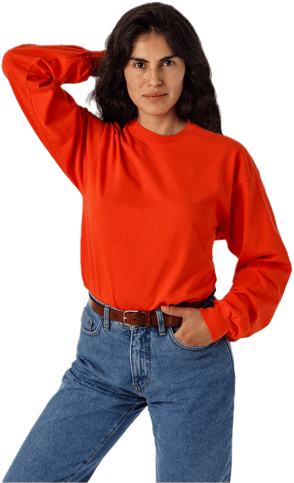 Am image of a Custom LA Apparel Long Sleeve Garment Dye Crewneck Shirt in Bright Orange!