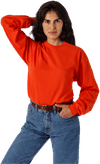 Am image of a Custom LA Apparel Long Sleeve Garment Dye Crewneck Shirt in Bright Orange!