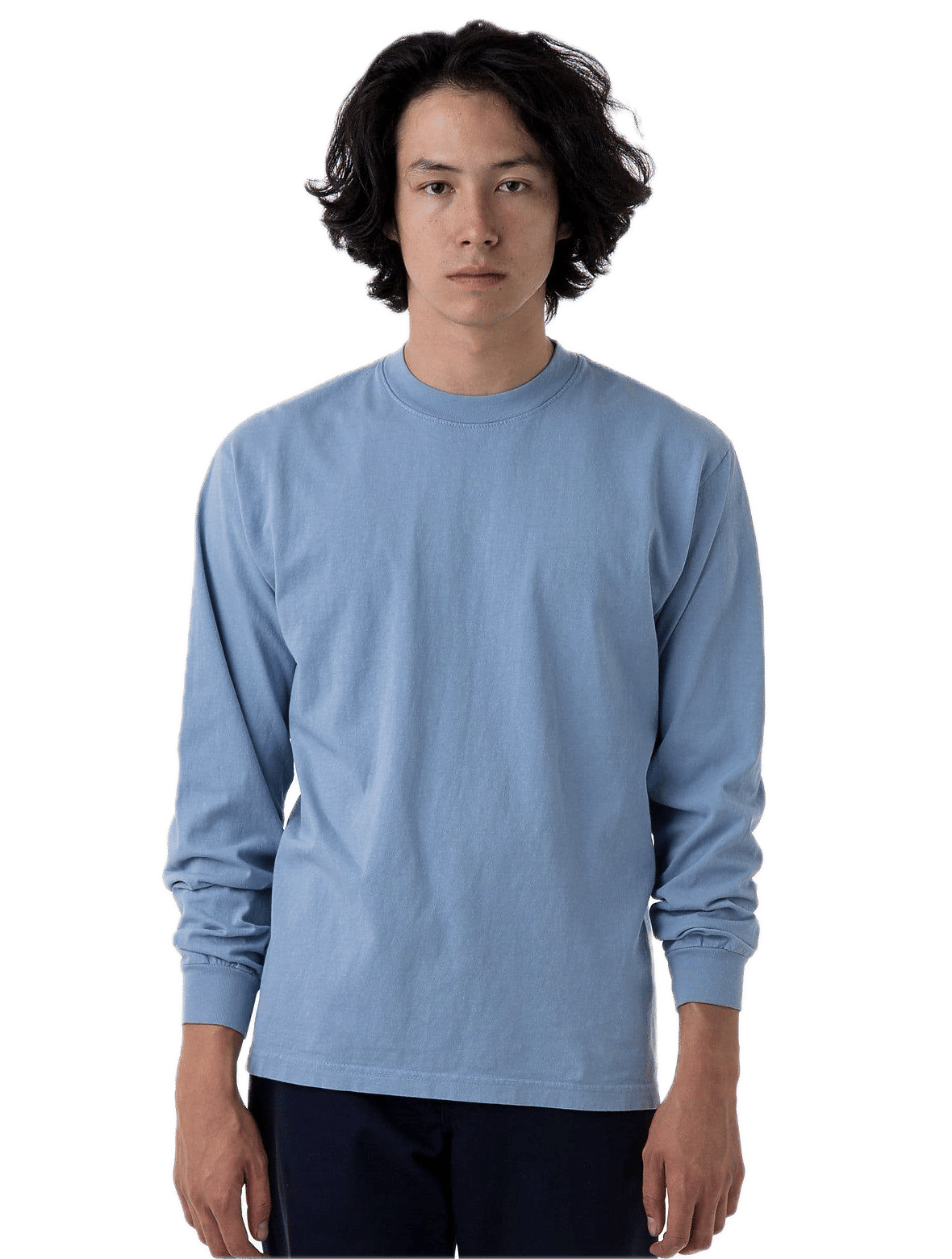 LA Apparel Long Sleeve Garment Dye Crewneck Shirt in Clear Blue