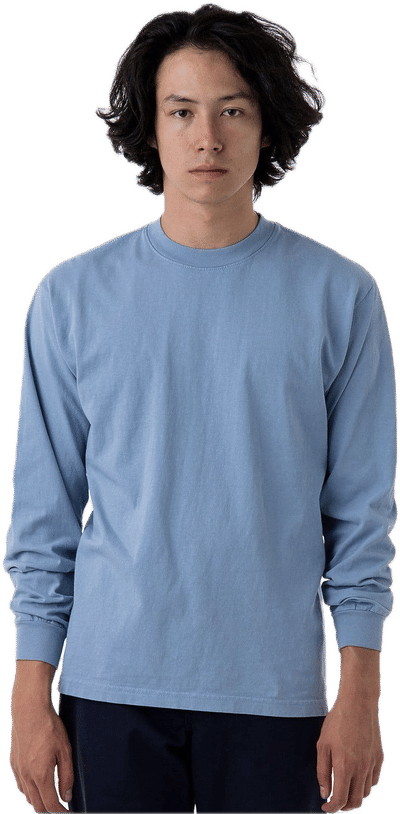 Am image of a Custom LA Apparel Long Sleeve Garment Dye Crewneck Shirt in Clear Blue!