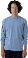 Am image of a Custom LA Apparel Long Sleeve Garment Dye Crewneck Shirt in Clear Blue!