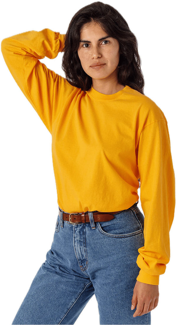 Am image of a Custom LA Apparel Long Sleeve Garment Dye Crewneck Shirt in Gold!